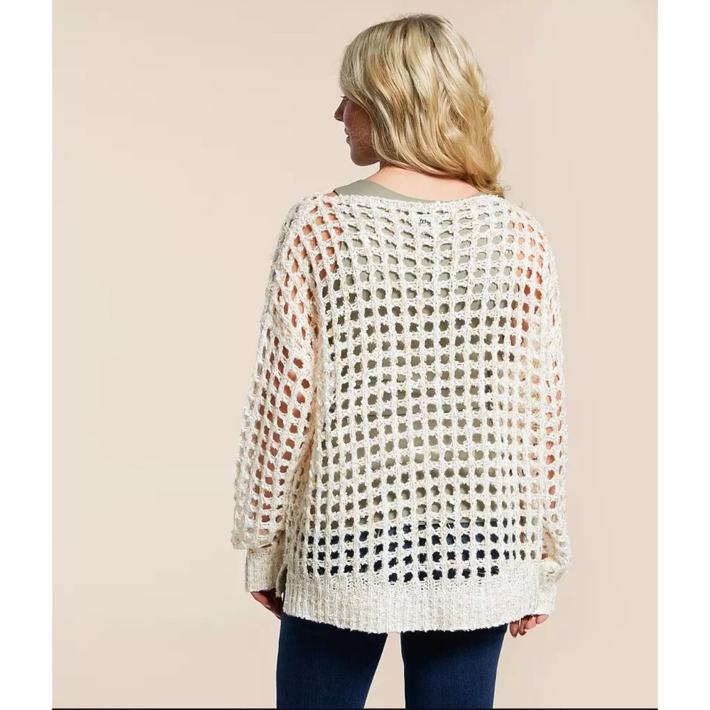 New Bke Sweater Large Crochet Eyelash Pointelle Open Knit Cream Relaxed Pullover - Picture 2 of 10